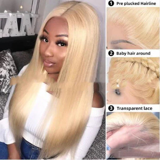 Mid-length Straight Light Gold Warm Silk Female Real Human hair