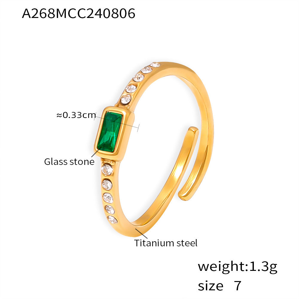 Square Glass Stone Ring In Titanium Steel With Real Gold Plating Fashionable