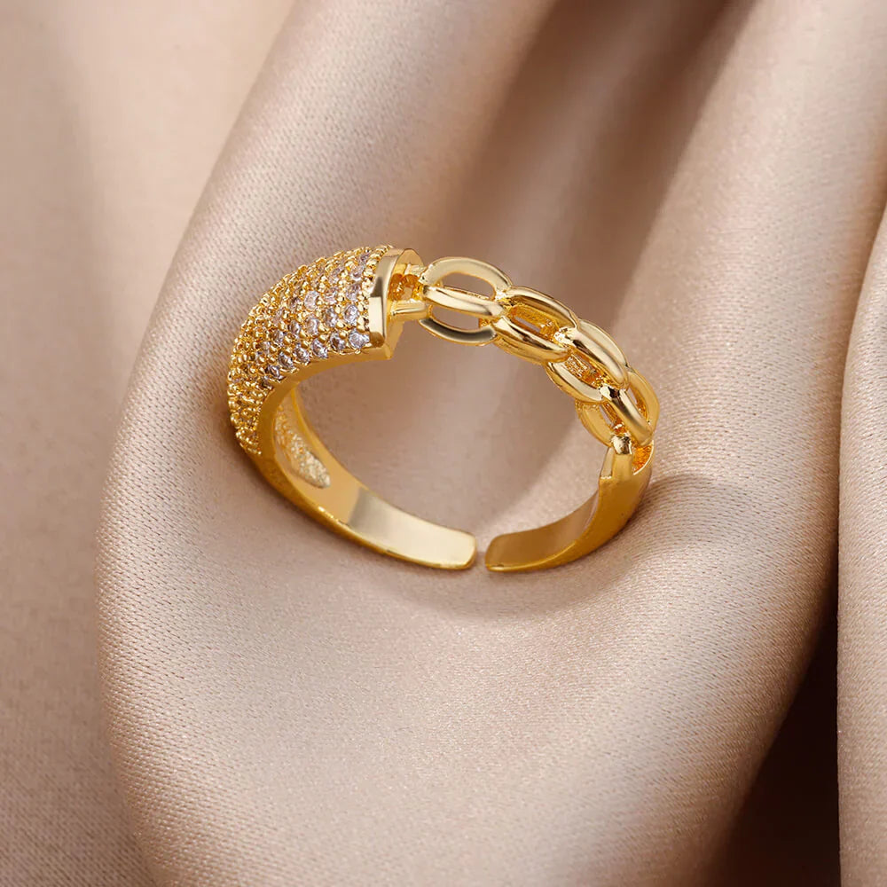18K Gold-plated Full Diamond Titanium Steel Colorfast Open Ring For Women