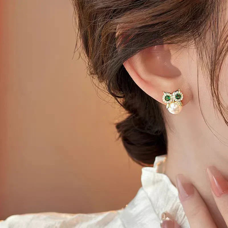 Owl Zircon Pearl Stud Earrings Female Design