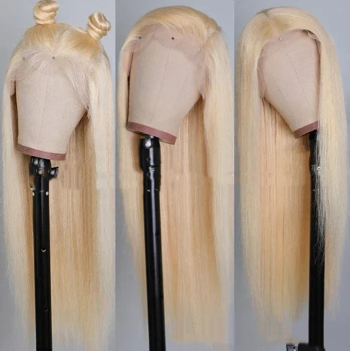 Mid-length Straight Light Gold Warm Silk Female Real Human hair